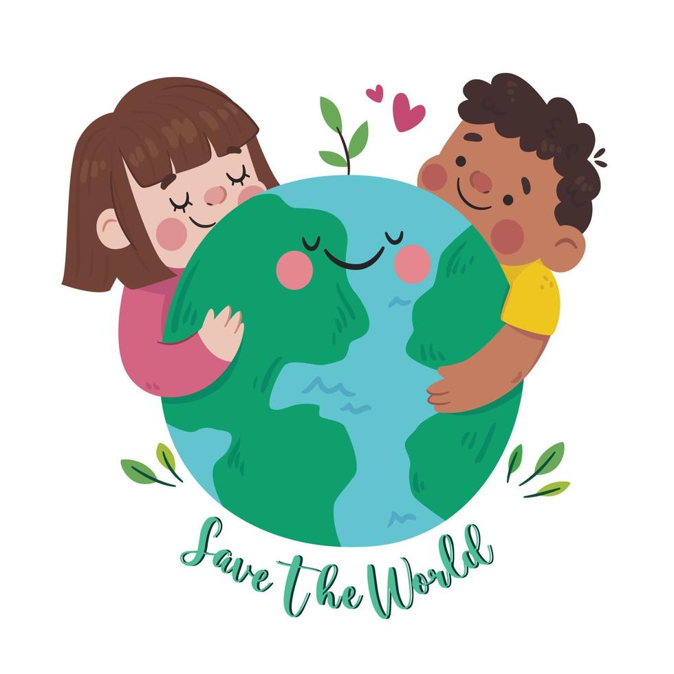 cartoon illustration of children hugging a globe in demonstration of loving the earth vector