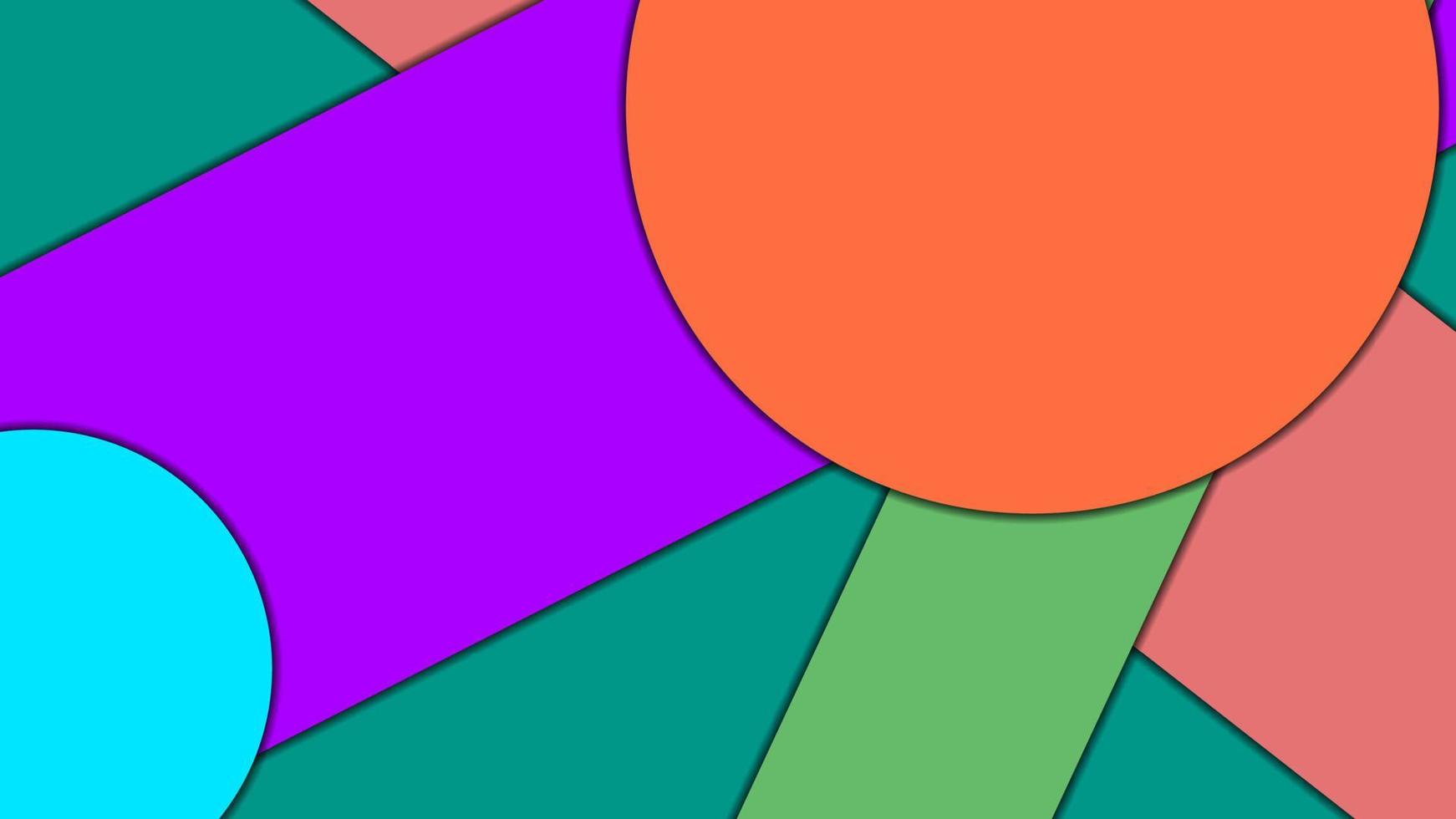 Abstract geometric colorful vector background in Material design style with concentric circles and rotated rectangles with shadows, imitating cut paper.