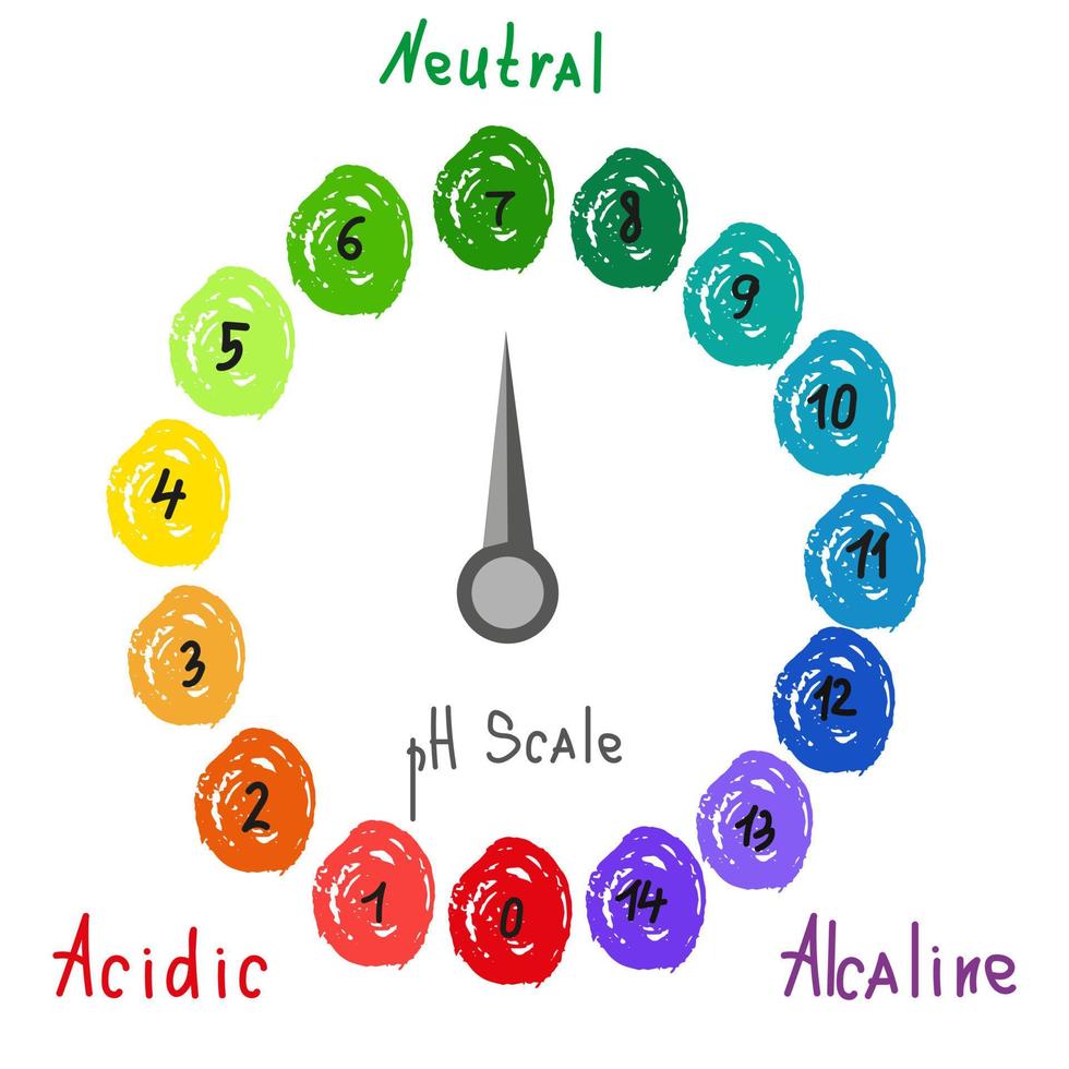 escala de ph redonda para medir el equilibrio ácido alcalino. ensayo de valor quimico infografías de garabatos con gráfico indicador. ilustración vectorial dibujada a mano vector