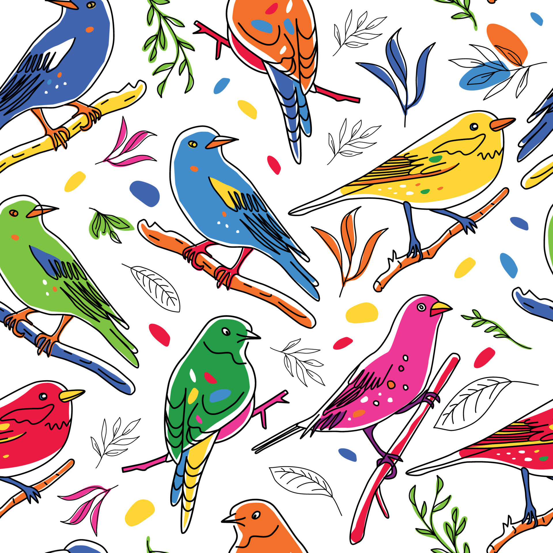 Seamless pattern. Birds nature animals illustration. Cute hand drawn bird  and plants doodles. Line style in minimalism. Vector picture. 8090344  Vector Art at Vecteezy