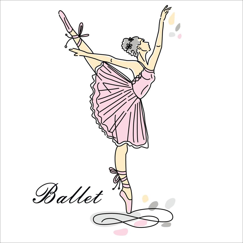 Woman ballet dancer of continuous line drawing in pink color. Dance trend logotype. Oneline style. vector