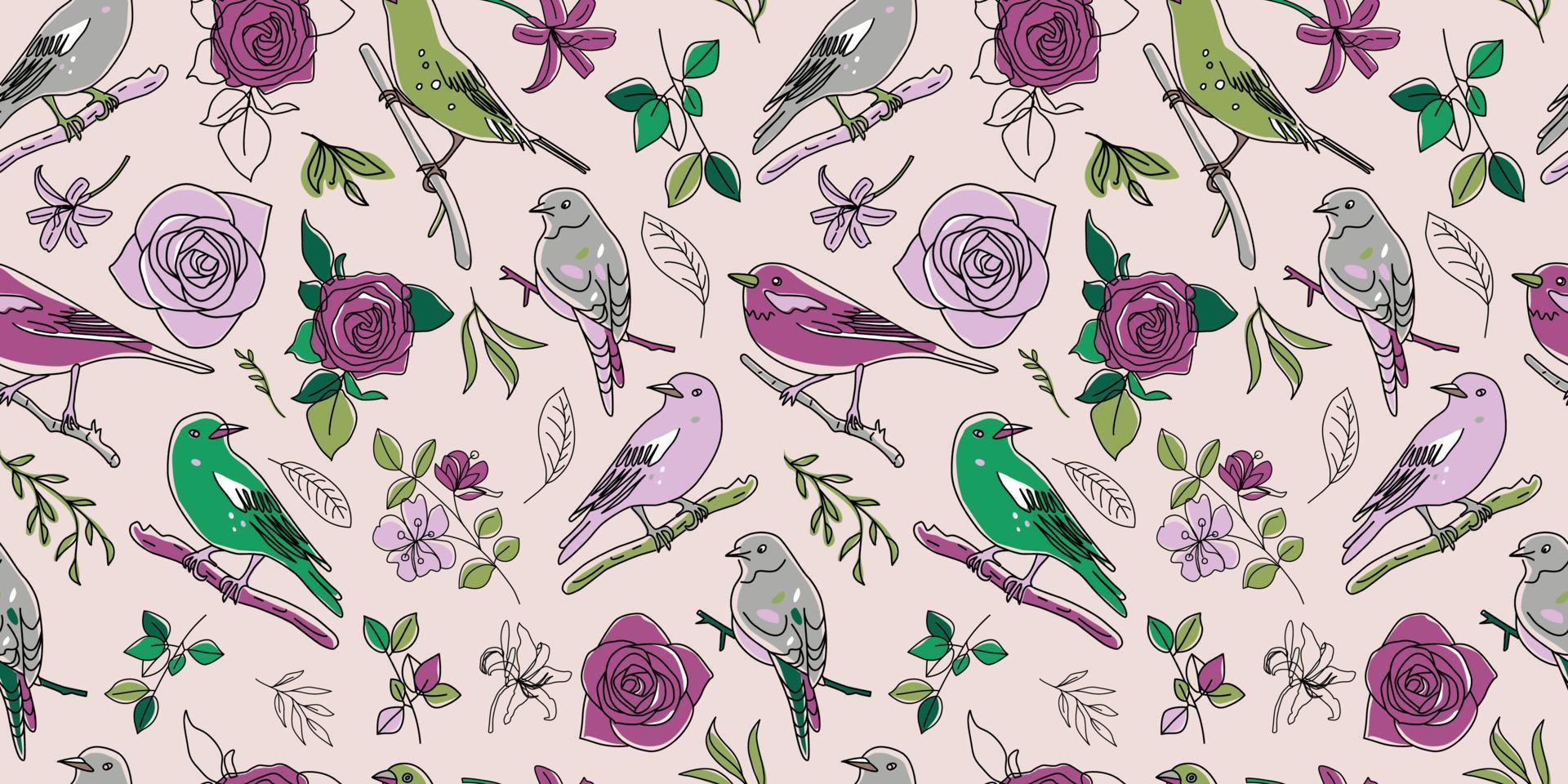 Seamless pattern. Birds nature animals illustration. Cute hand drawn bird and flowers doodles. Line style in minimalism. Vector picture.