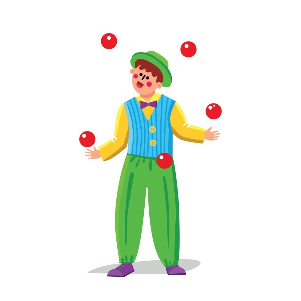 payaso malabarista haciendo malabares con bolas en vector de traje divertido