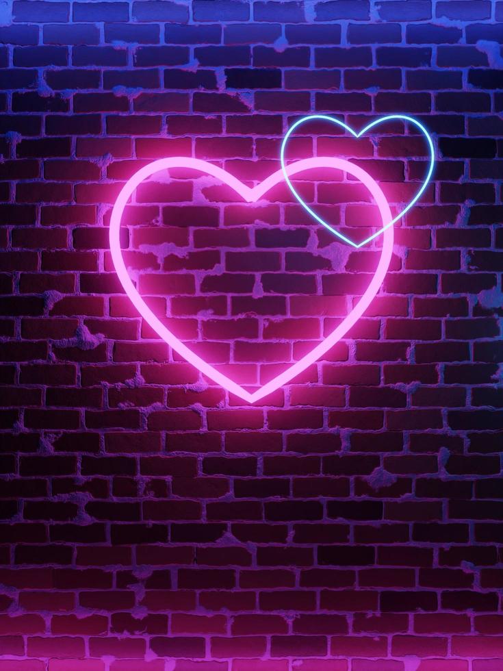 Neon heart. Bright night neon on brick wall photo