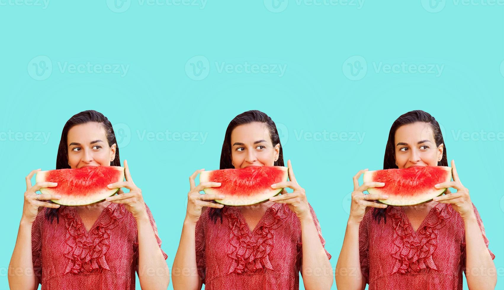 Pattern of cheerful woman holding a piece of sliced watermelon on a colorful background. Summer concept photo