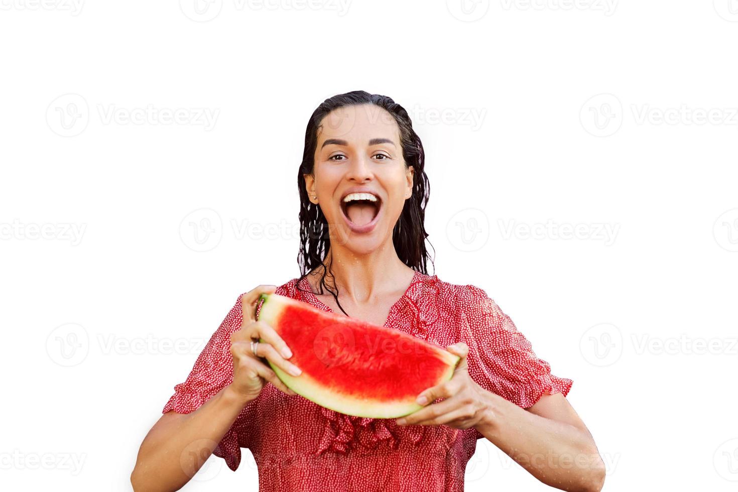 Cheerful woman holding a piece of sliced watermelon. Summer concept photo