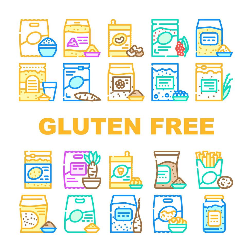 Gluten Free Products Collection Icons Set Vector