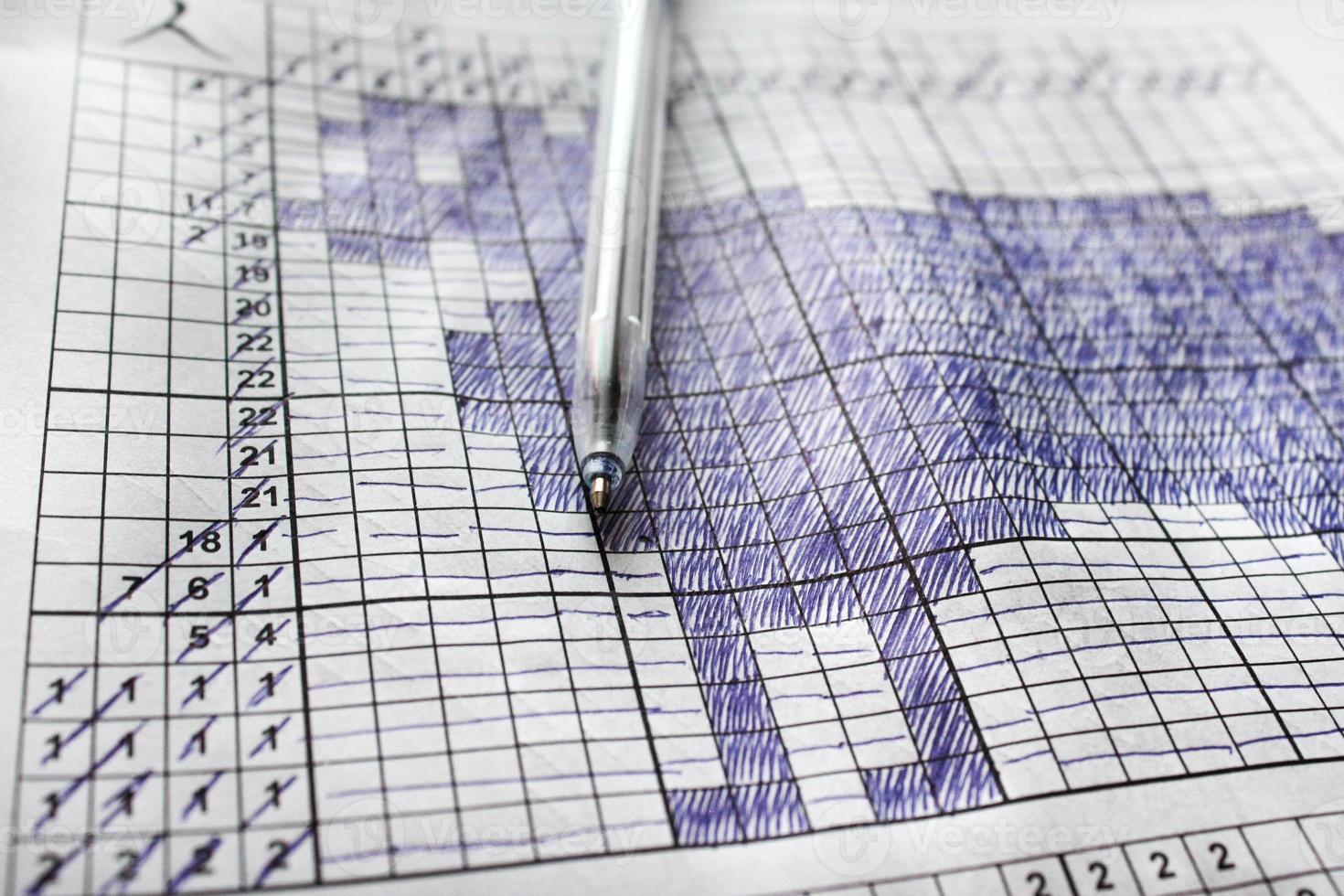 Close up pen on a sheet with a solved Japanese Crossword. Leisure activities photo