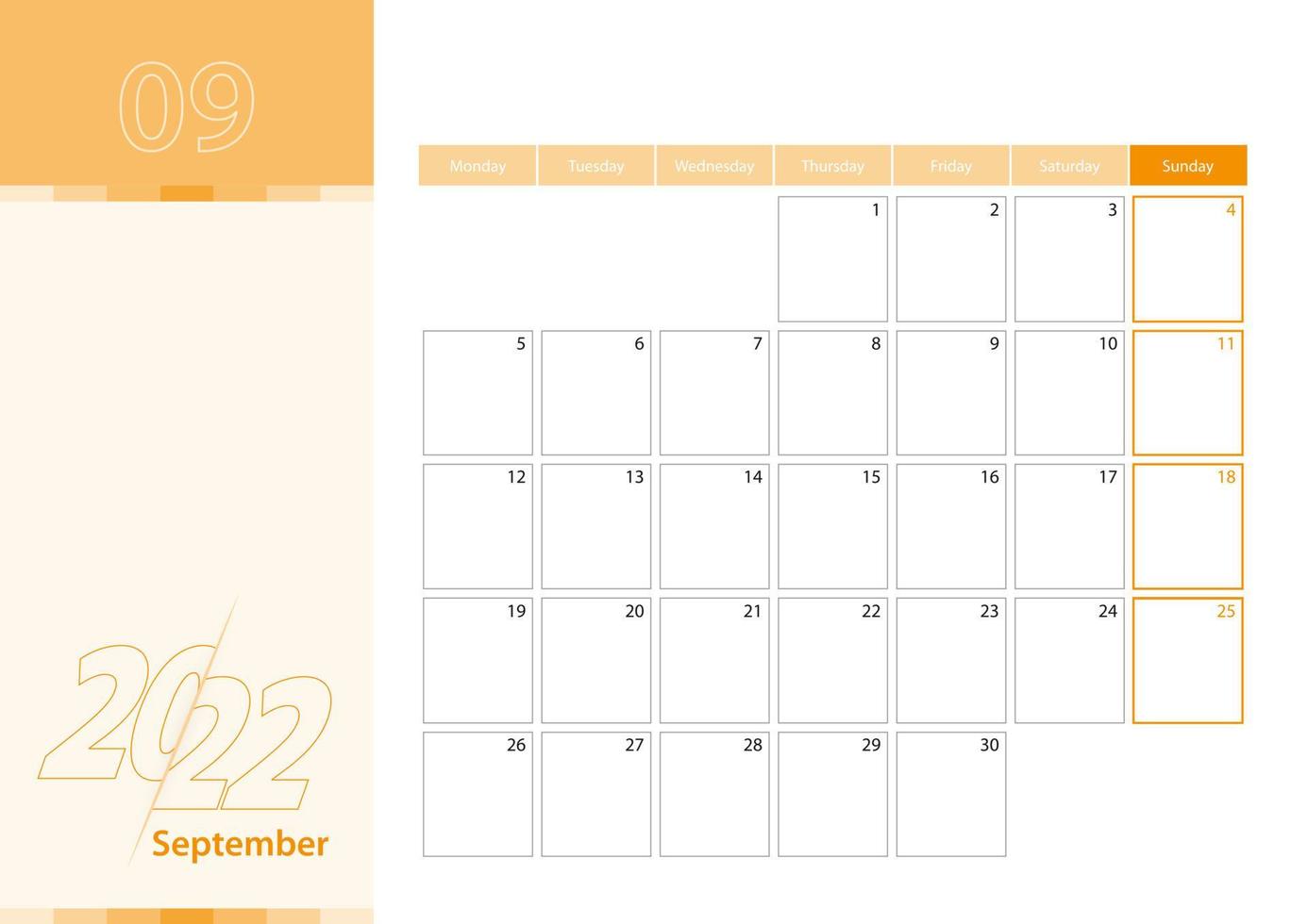 Horizontal planner for September 2022 in the orange color scheme. The week begins on Monday. A wall calendar in a minimalist style. vector