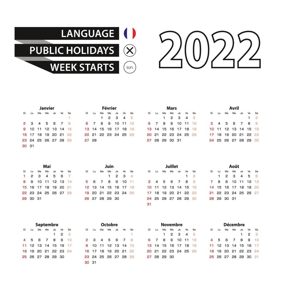 2022 calendar in French language, week starts from Sunday. vector