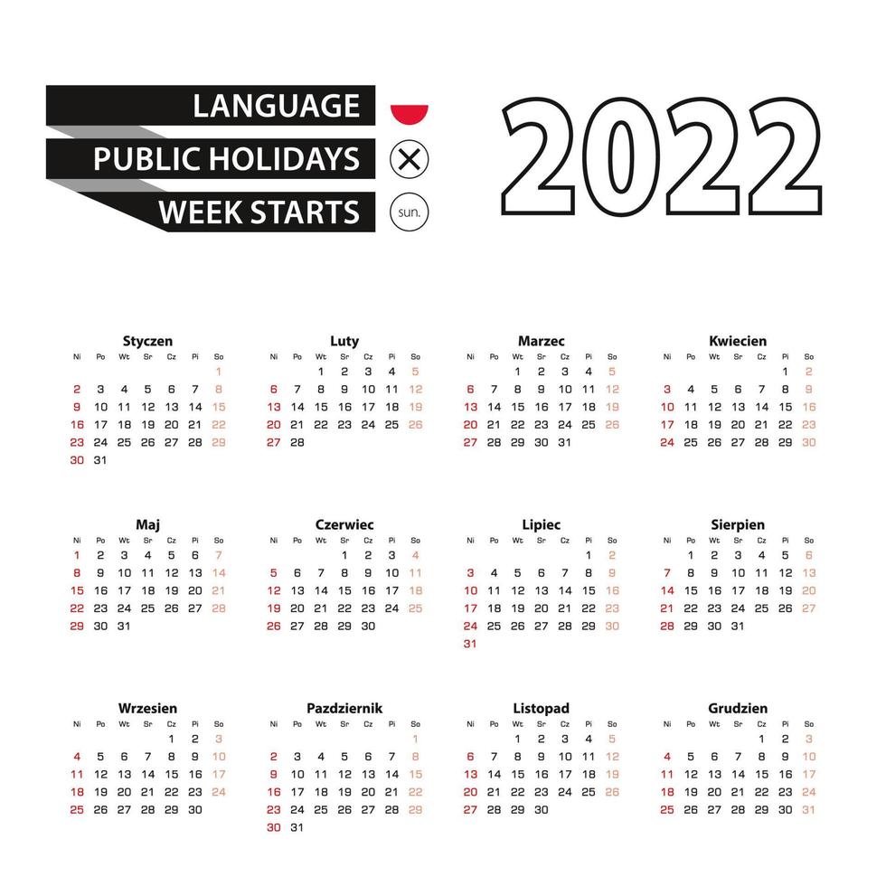 Calendario 2022 en idioma polaco, la semana comienza el domingo. vector