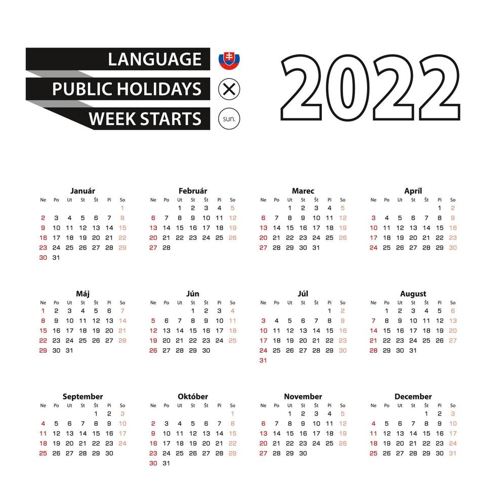 Calendario 2022 en idioma eslovaco, la semana comienza el domingo. vector