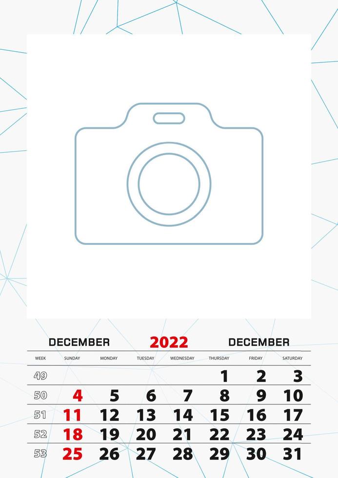 Wall calendar planner template for December 2022, week starts on sunday. vector