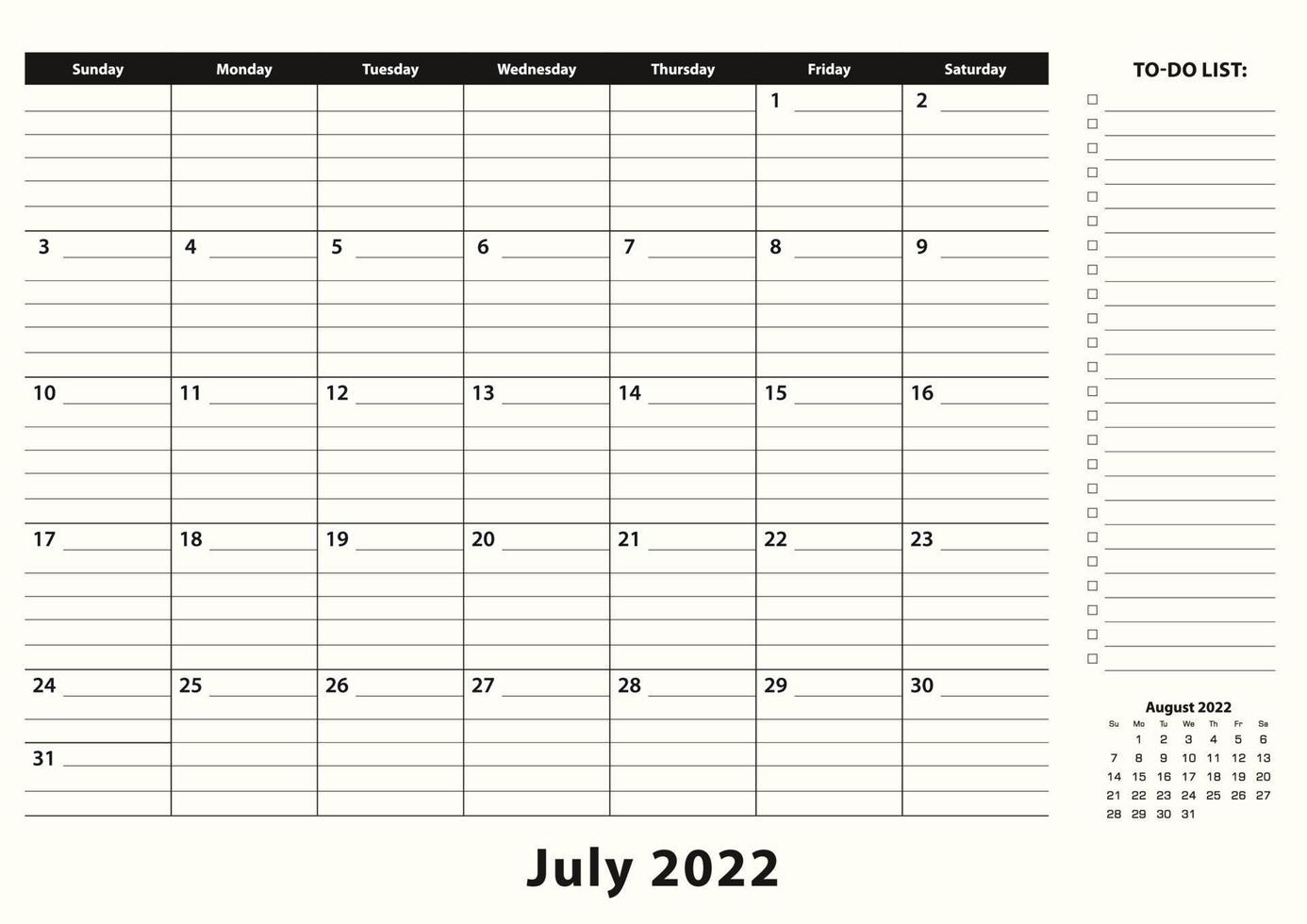 calendario mensual de escritorio de negocios de julio de 2022. vector