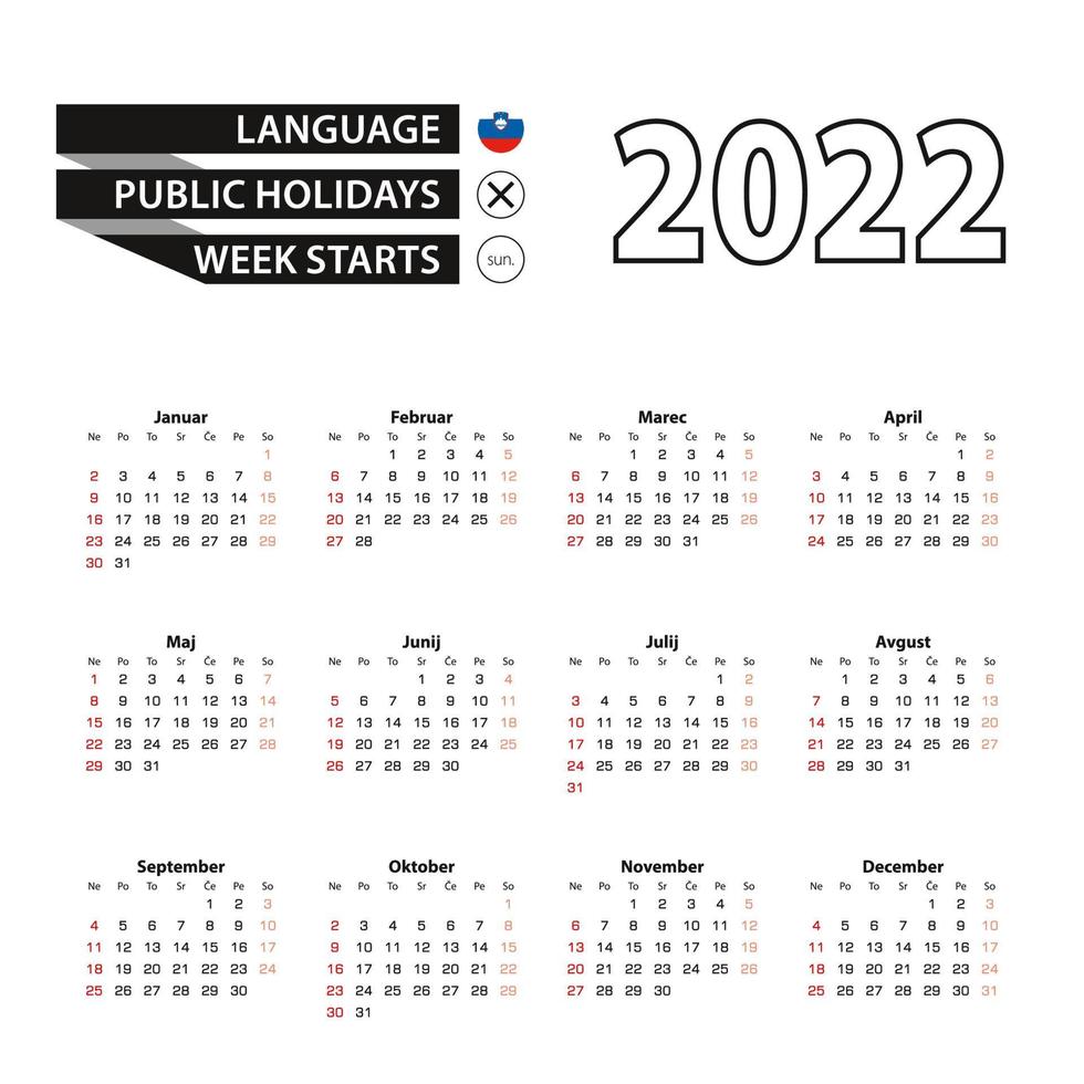 Calendario 2022 en idioma esloveno, la semana comienza el domingo. vector