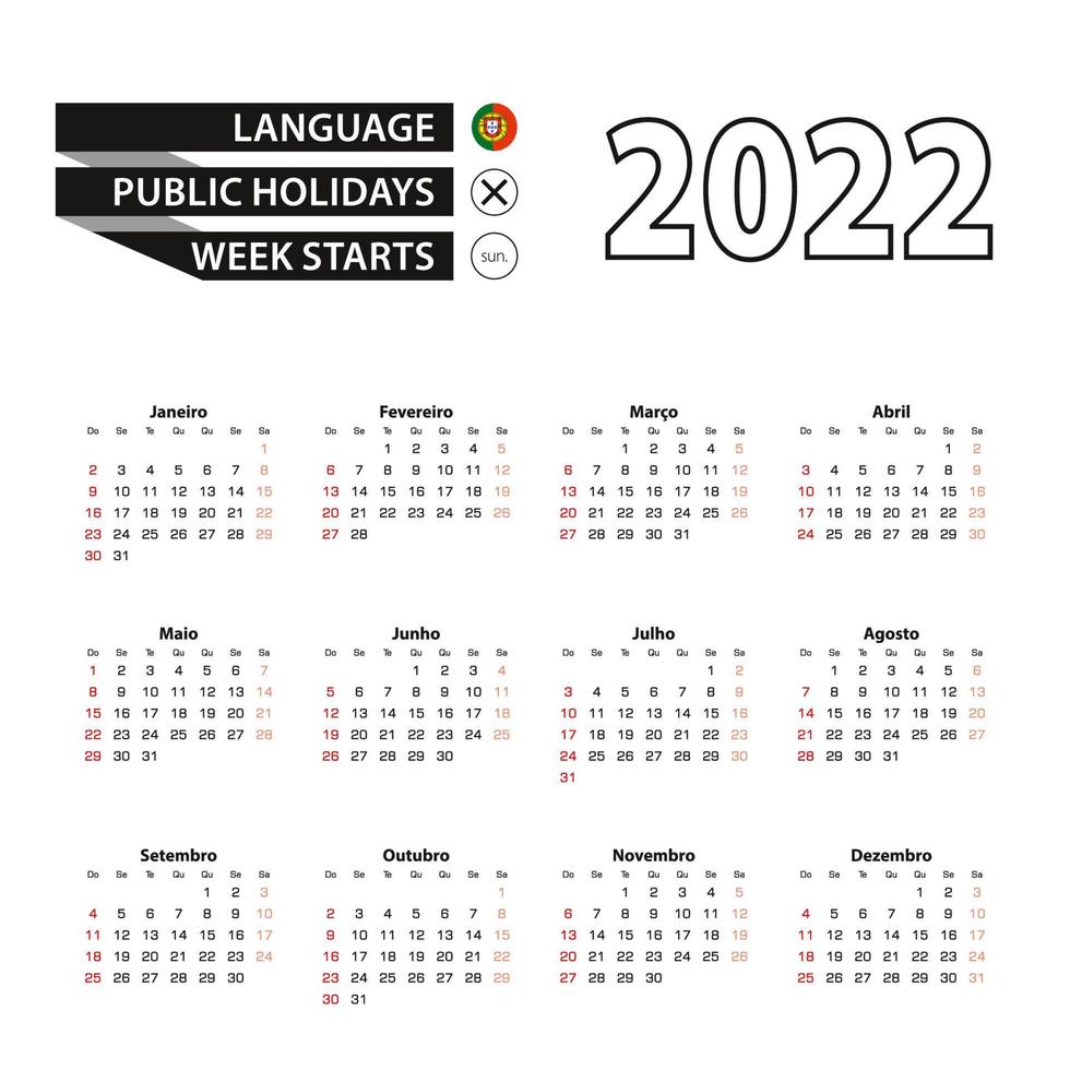Calendario 2022 en portugués, la semana comienza el domingo. vector