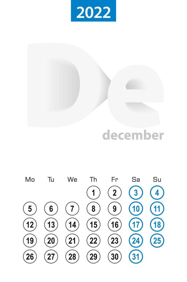 Calendar for December 2022, blue circle design. English language, week starts on Monday. vector