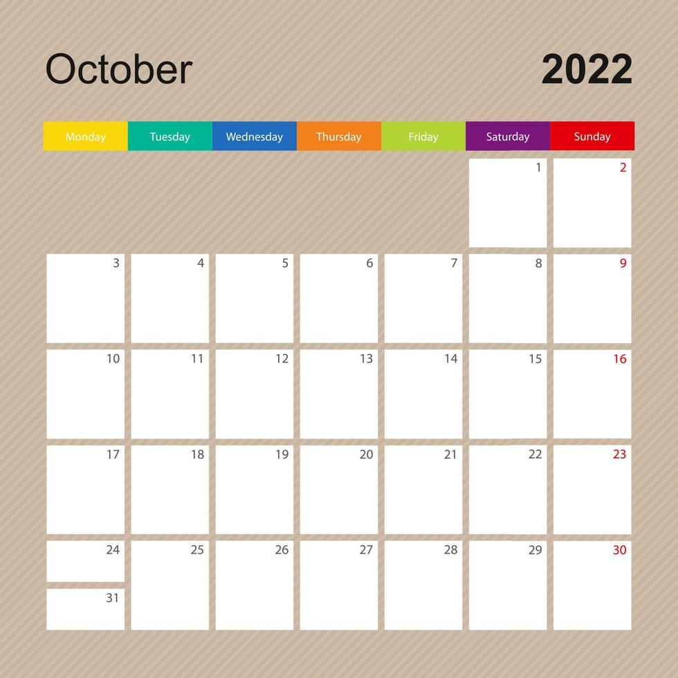página de calendario para octubre de 2022, planificador de paredes con diseño colorido. la semana comienza el lunes. vector