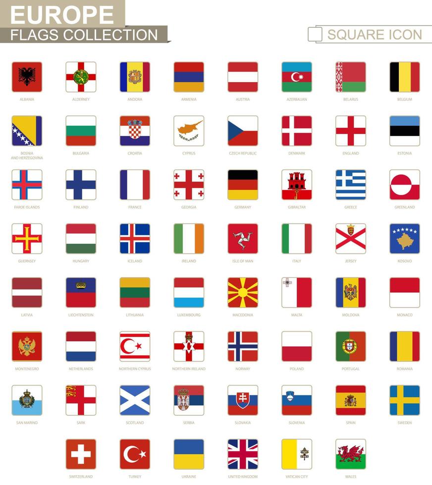 Square flags of Europe. From Albania to Wales. vector