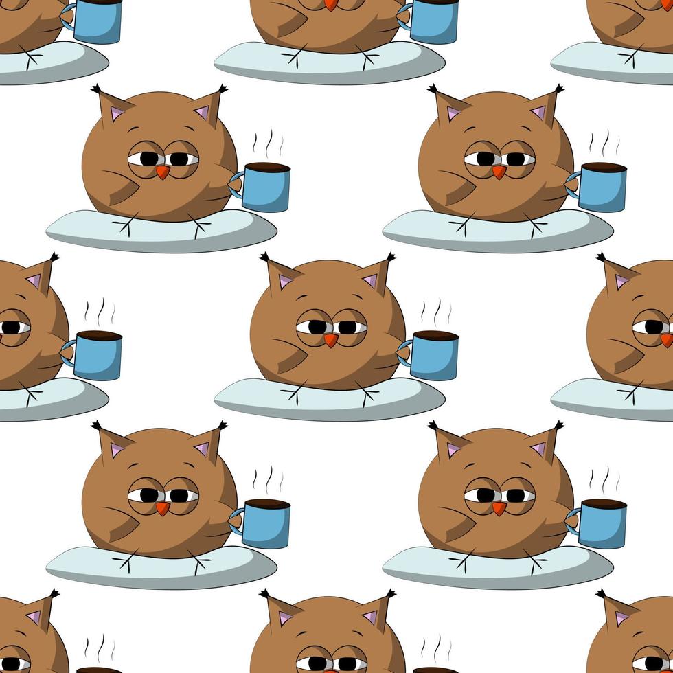 Seamless vector pattern with cute cartoon owl with pillow and coffee