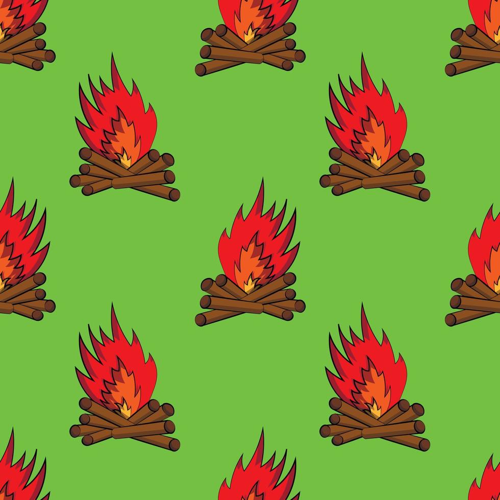 Seamless vector pattern with outline bonfire in green