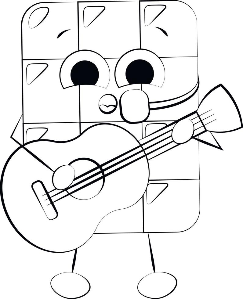 Cute cartoon Chocolate Character with guitar. Draw illustration in black and white vector