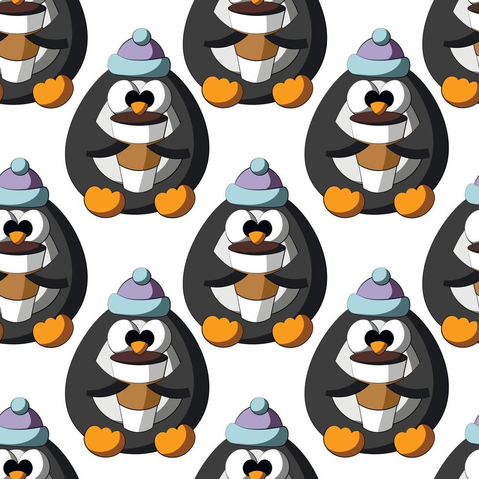 Seamless vector pattern with cute cartoon penguin with coffee cup