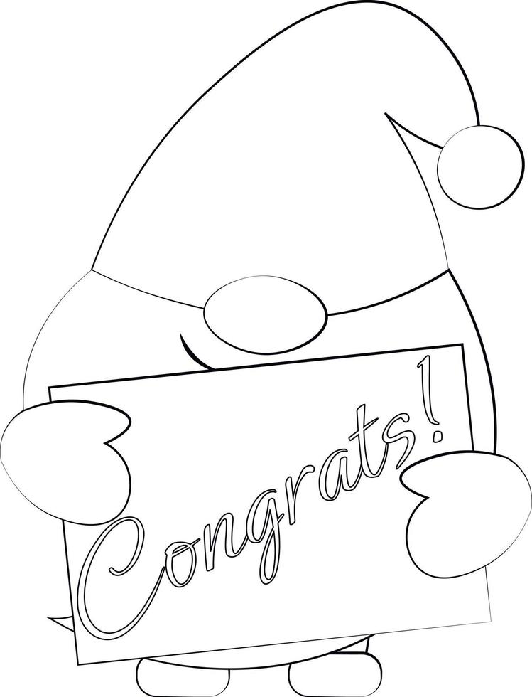 Little greeting Gnome with congration. Draw illustration in black and white vector