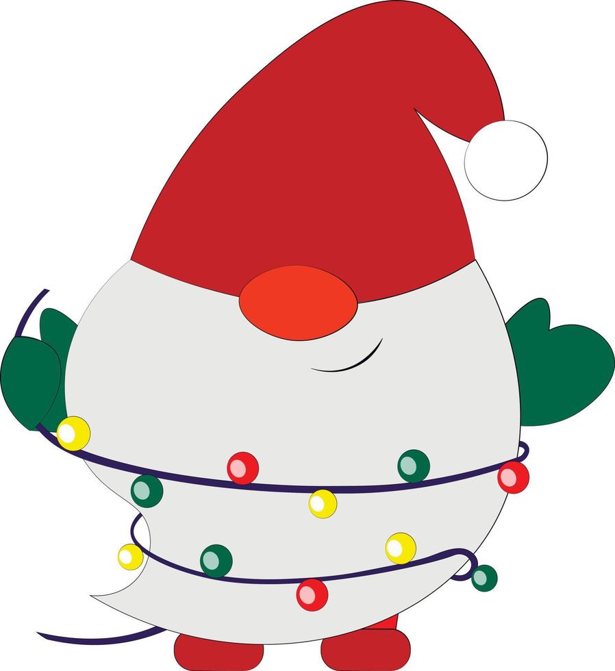 Little christmas Gnome with light garland. Draw illustration in color vector