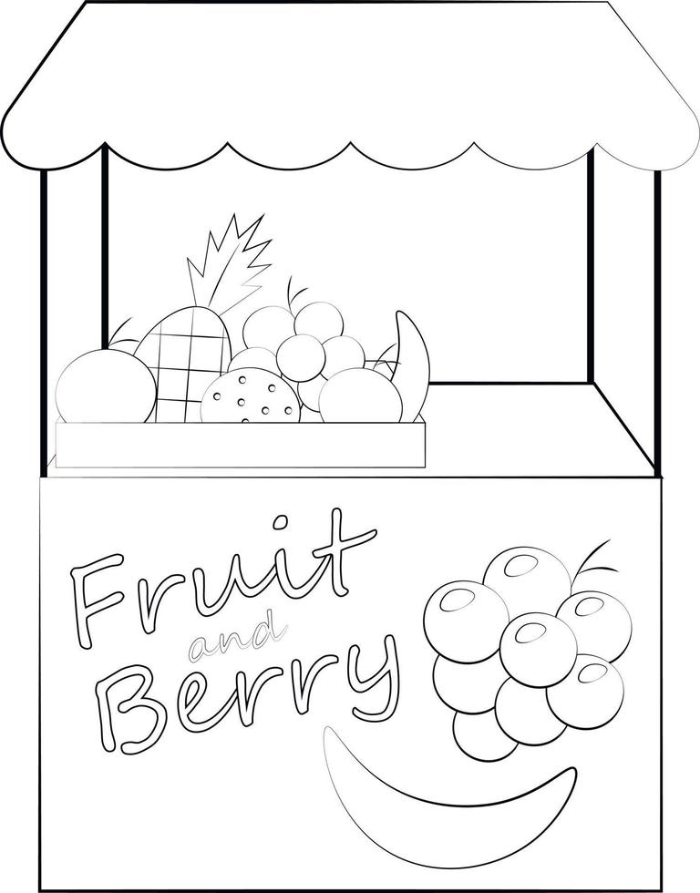 Stall counter with fruit and berry. Draw illustration in black and white vector