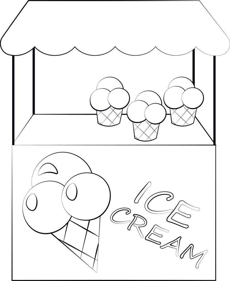 Stall counter with ice cream. Draw illustration in black and white vector