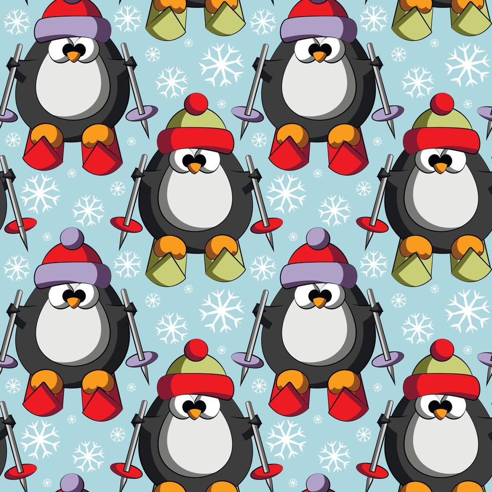 patrón de vector transparente con pingüino de dibujos animados lindo por esquí