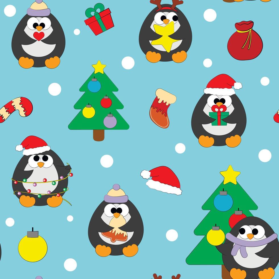 seamless, vector, patrón, con, lindo, caricatura, navidad, pingüino vector