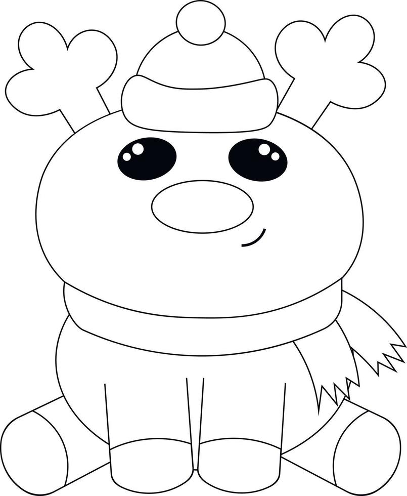 Cute cartoon Reindeer in hat and scarf. Draw illustration in black and white vector