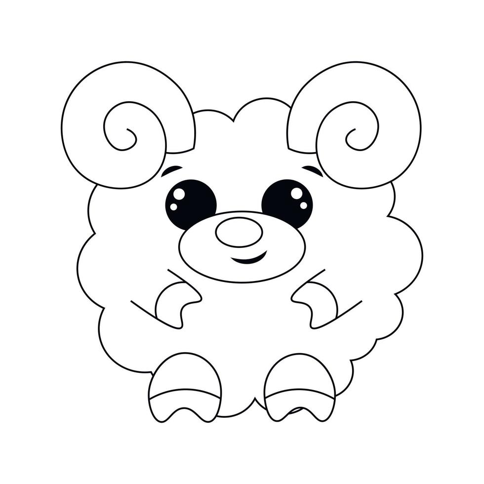 Cute cartoon round Ram. Draw illustration in black and white vector