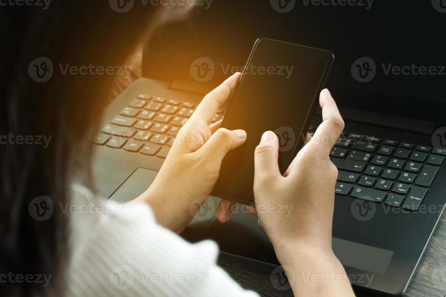 Cropped image of professional business woman working at home office via laptop, manager using portable computer device  work process concept photo