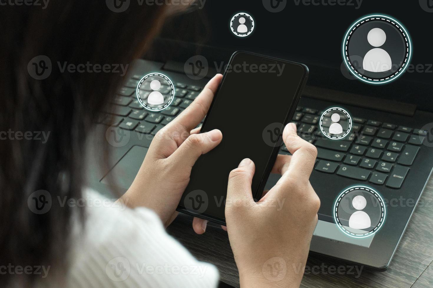 Cropped image of professional business woman working at home office via laptop, manager using portable computer device  work process concept photo