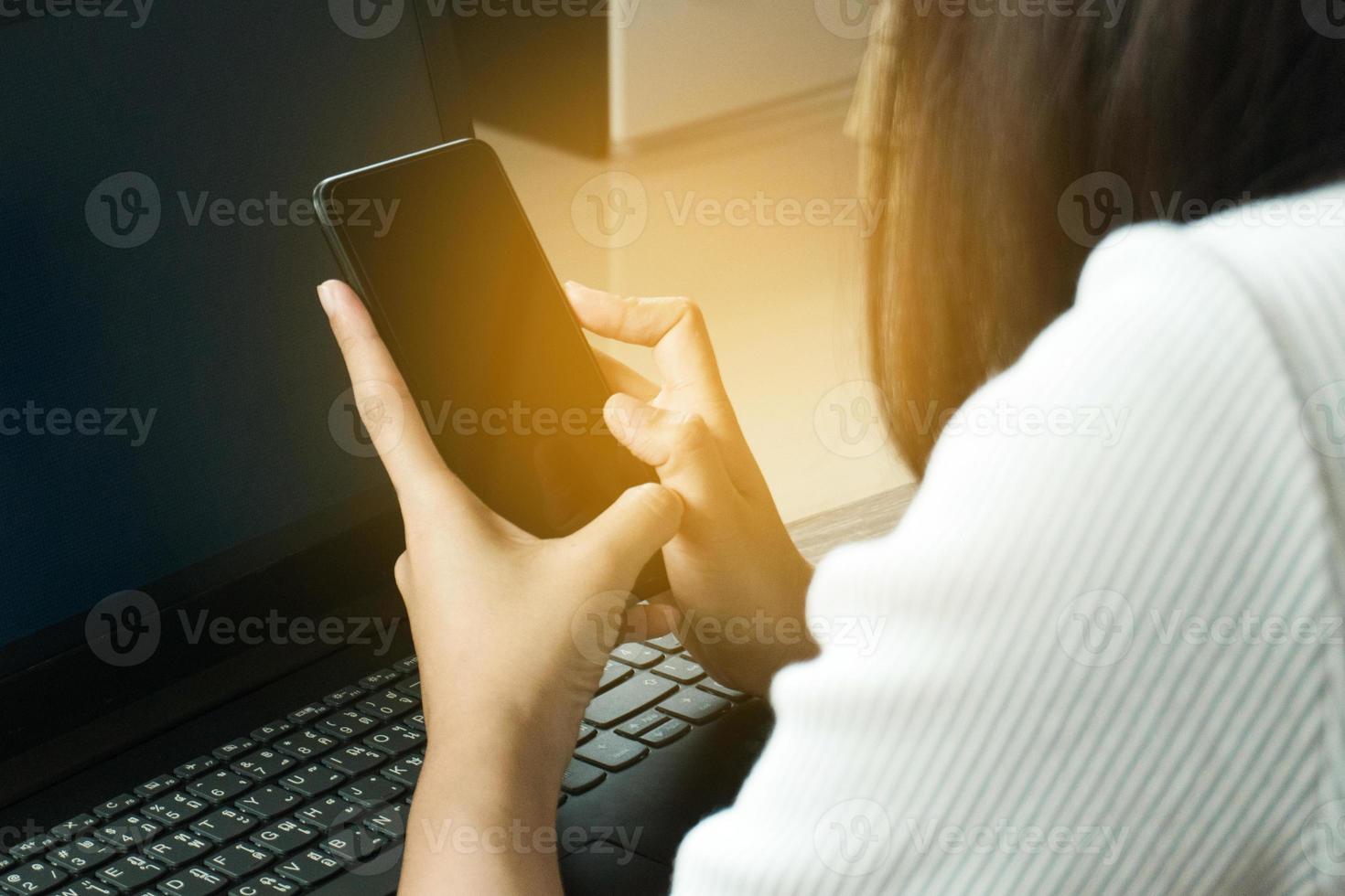 Cropped image of professional business woman working at home office via laptop, manager using portable computer device  work process concept photo