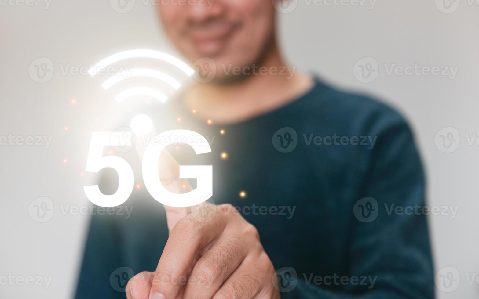 Concept of future technology 5G network. Wireless systems and internet of things on virtual screen. photo