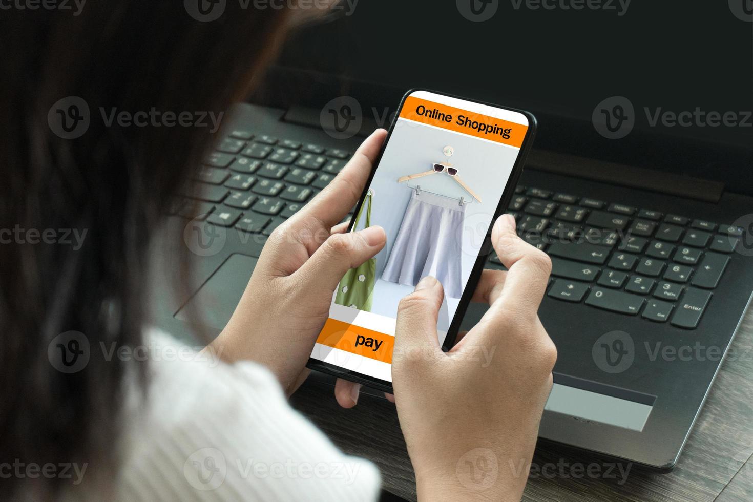 Cropped image of professional business woman working at home office via laptop, manager using portable computer device  work process concept photo