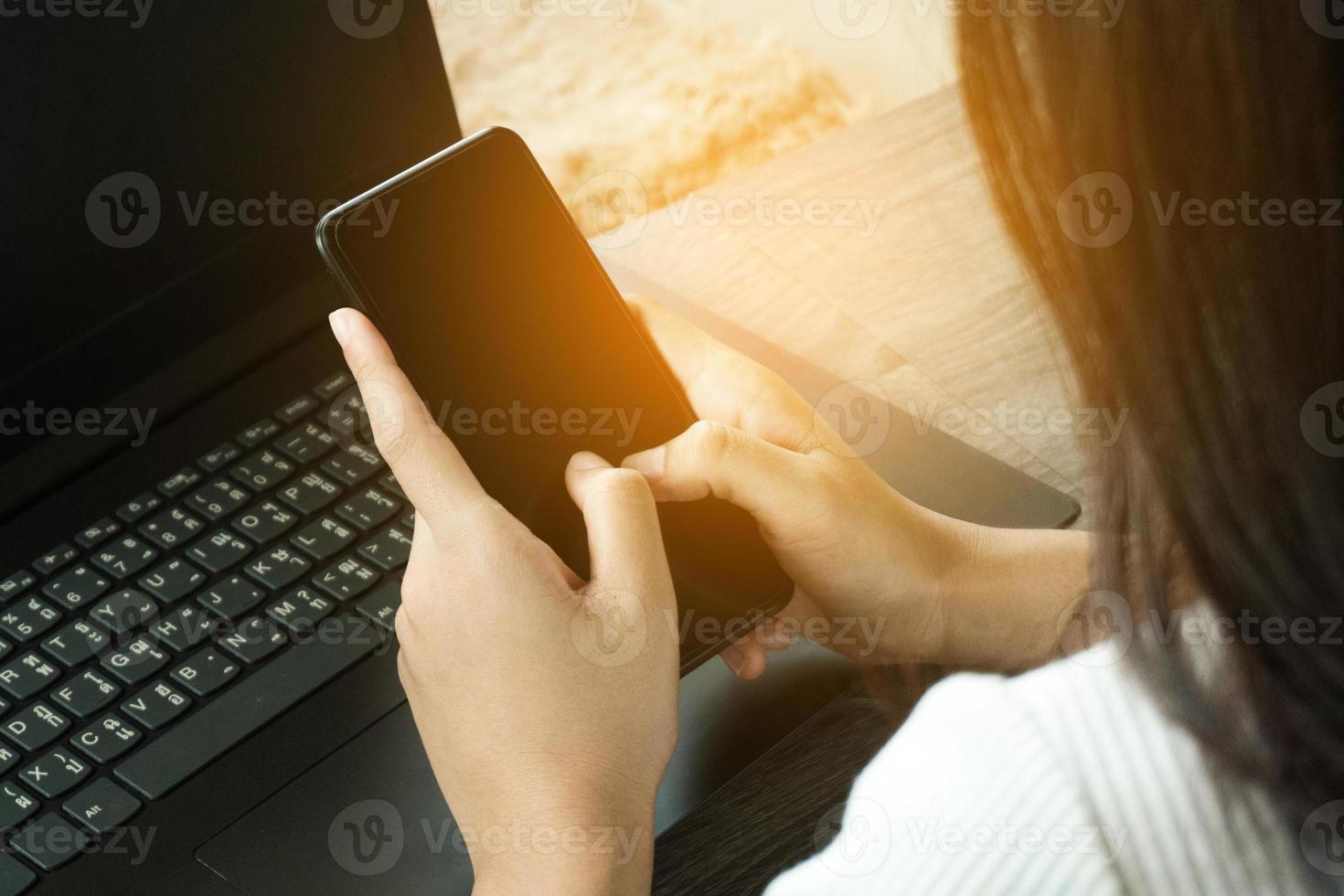 Cropped image of professional business woman working at home office via laptop, manager using portable computer device  work process concept photo