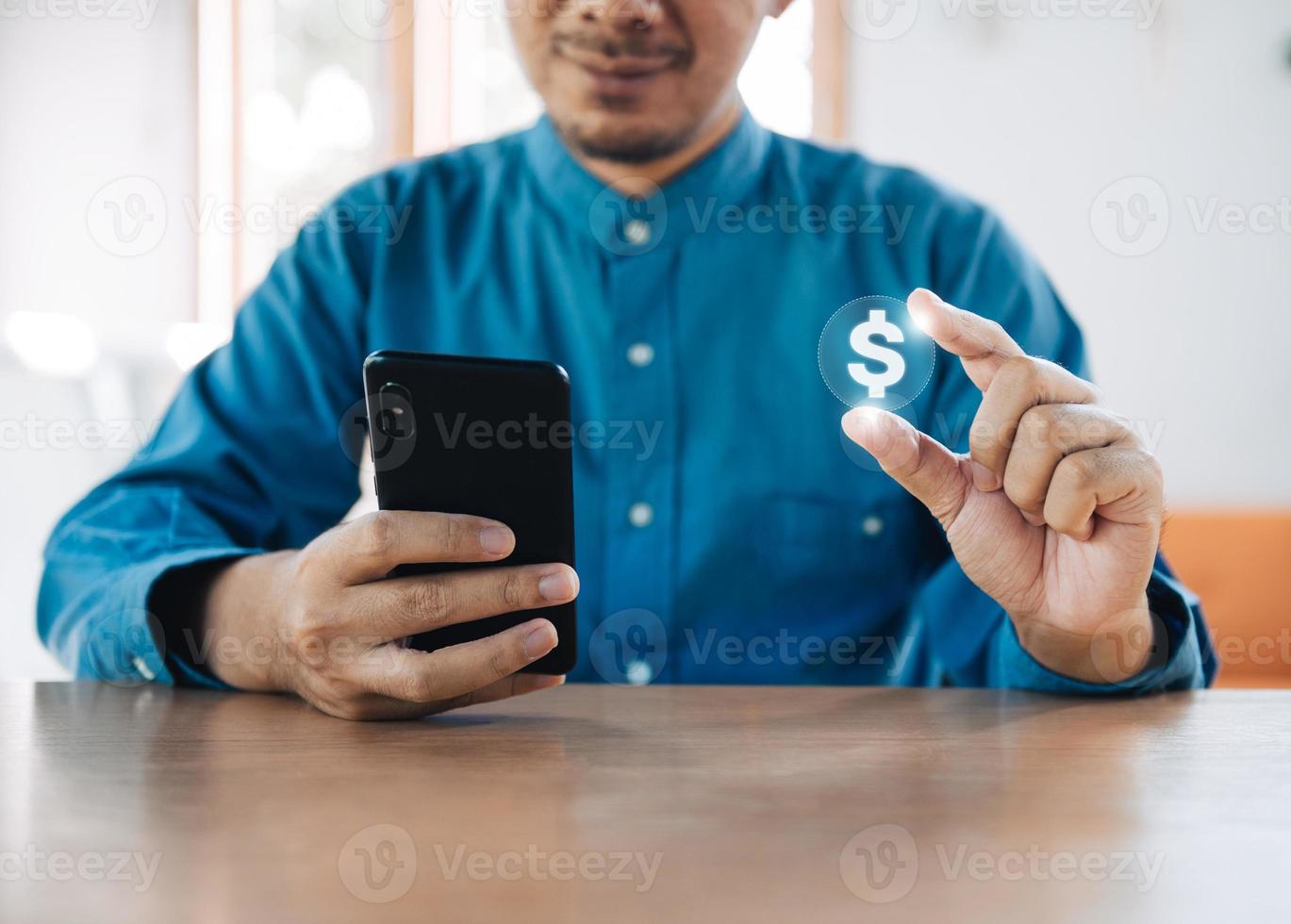 Successful international financial investment concept with business person holding glowing dollar sign growth, charts and dollar sign, digital technology photo