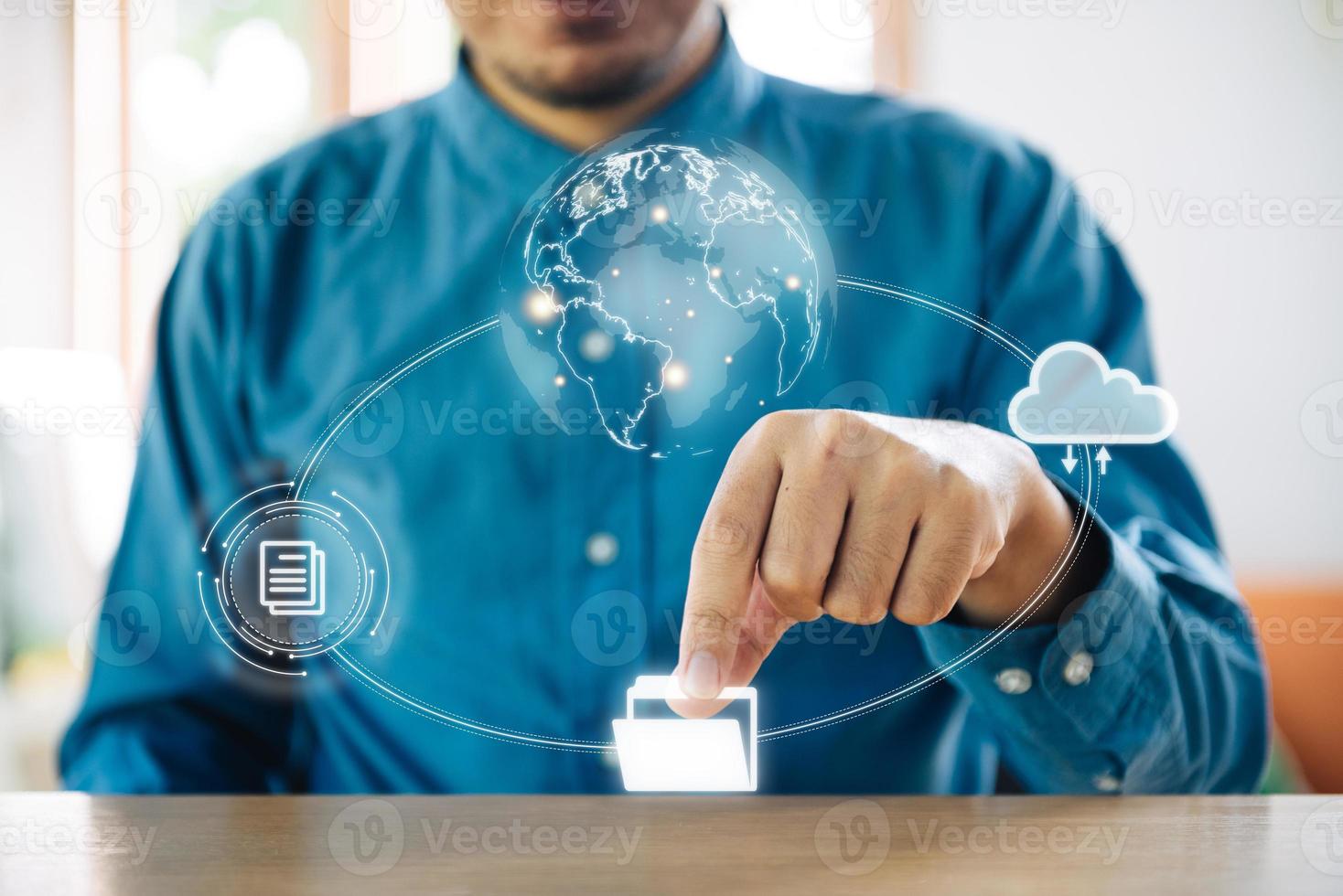 Businessman using select document management concept, online documentation database and digital file storage system or software, records keeping, database technology, file access, doc sharing. photo