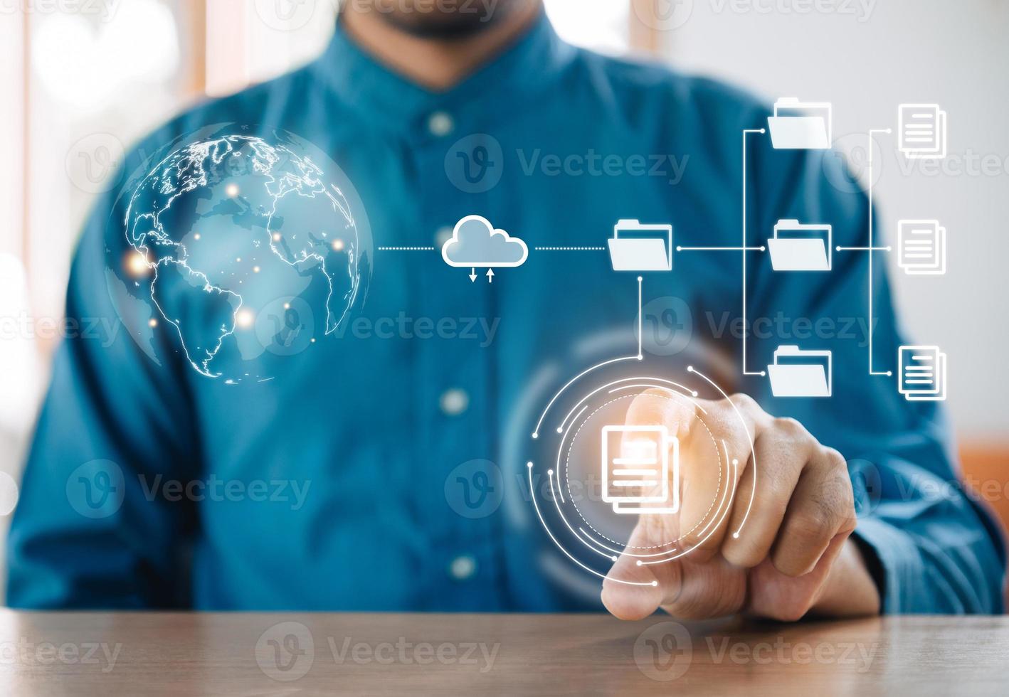 Businessman using select document management concept, online documentation database and digital file storage system or software, records keeping, database technology, file access, doc sharing. photo