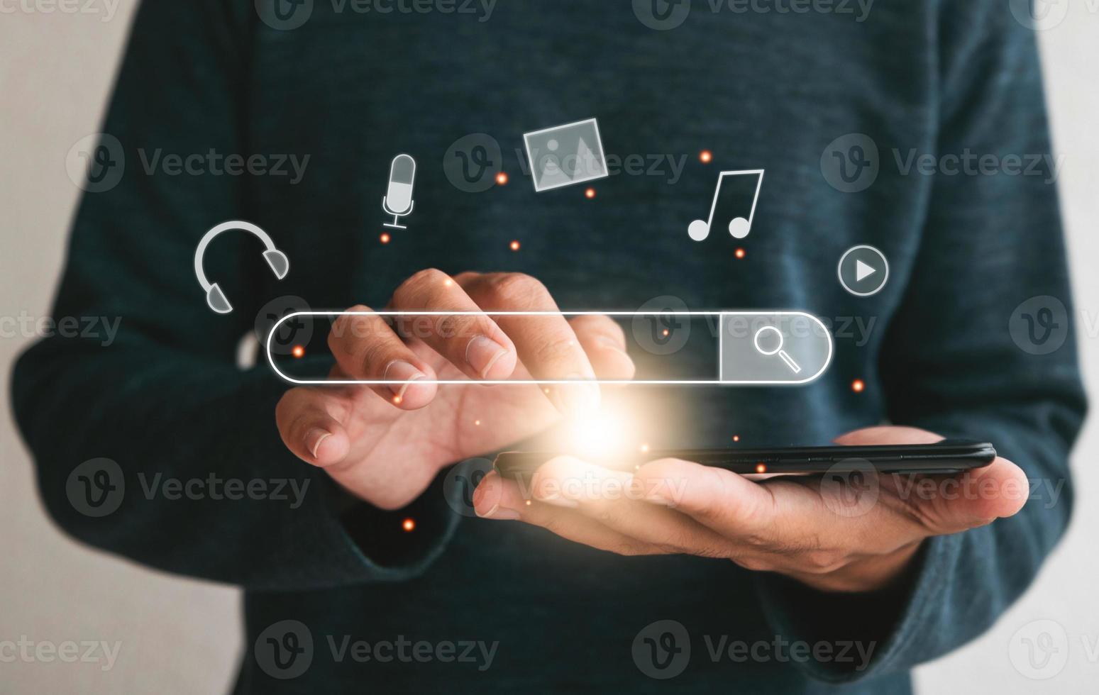 Close up hands holding smartphone. man working with smart phone and with blank search bar. Searching Browsing Internet Data Information Networking Concept photo