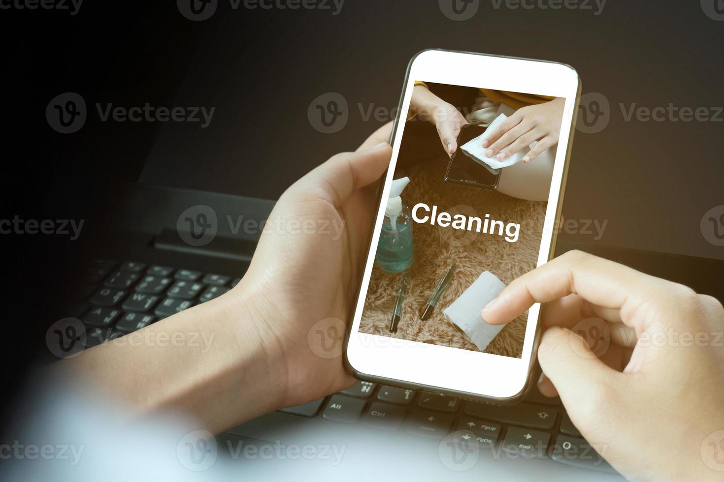 Cleaning search on mobile phone  save lives Time period Coronavirus 2019 or Covid-19 social media campaign background concept. Mockup phone. photo