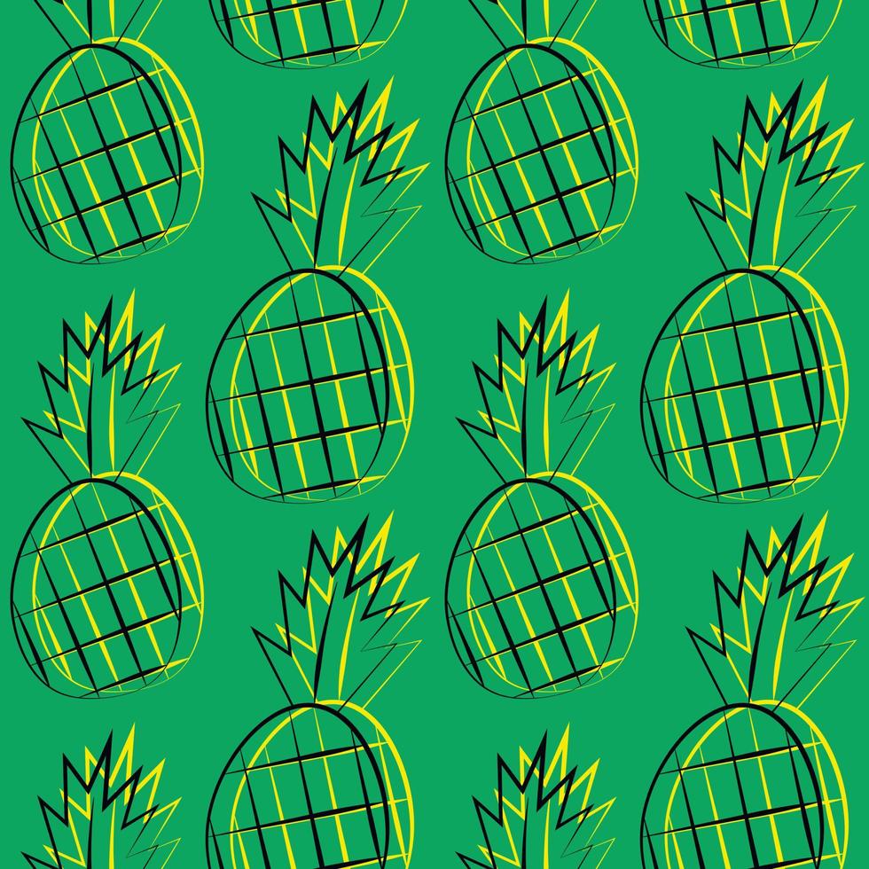 Seamless vector pattern with outline yellow pineapple