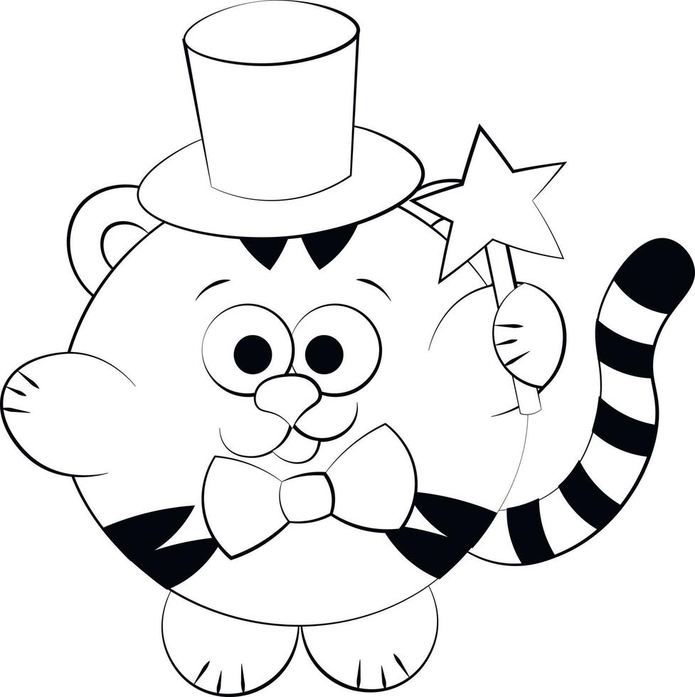 Cute cartoon Tiger the Wizard. Draw illustration in black and white vector