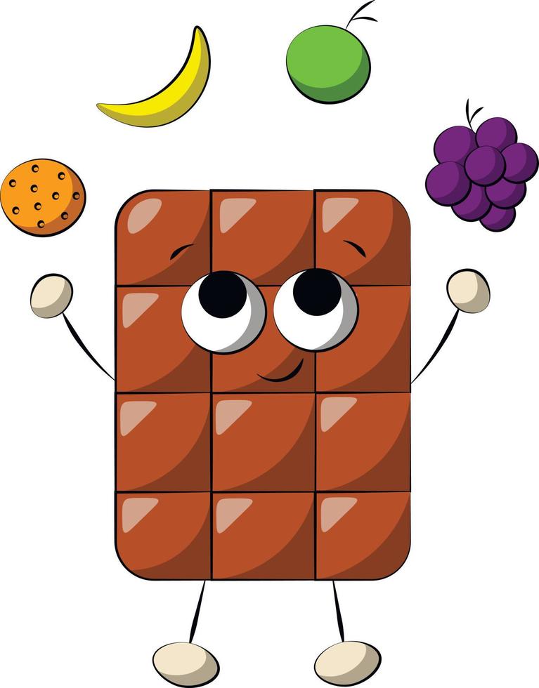 lindo personaje de dibujos animados de chocolate con fruta. dibujar una ilustración en color vector