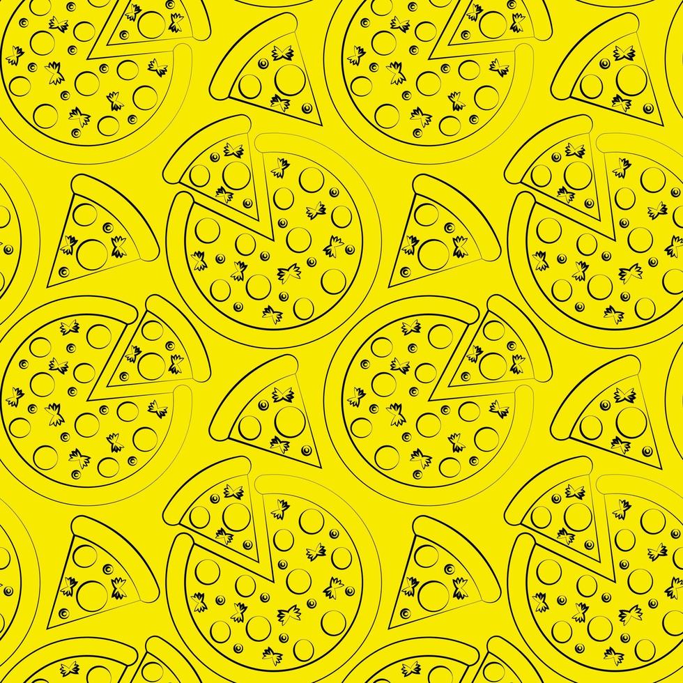 Seamless vector pattern with outline yellow pizza